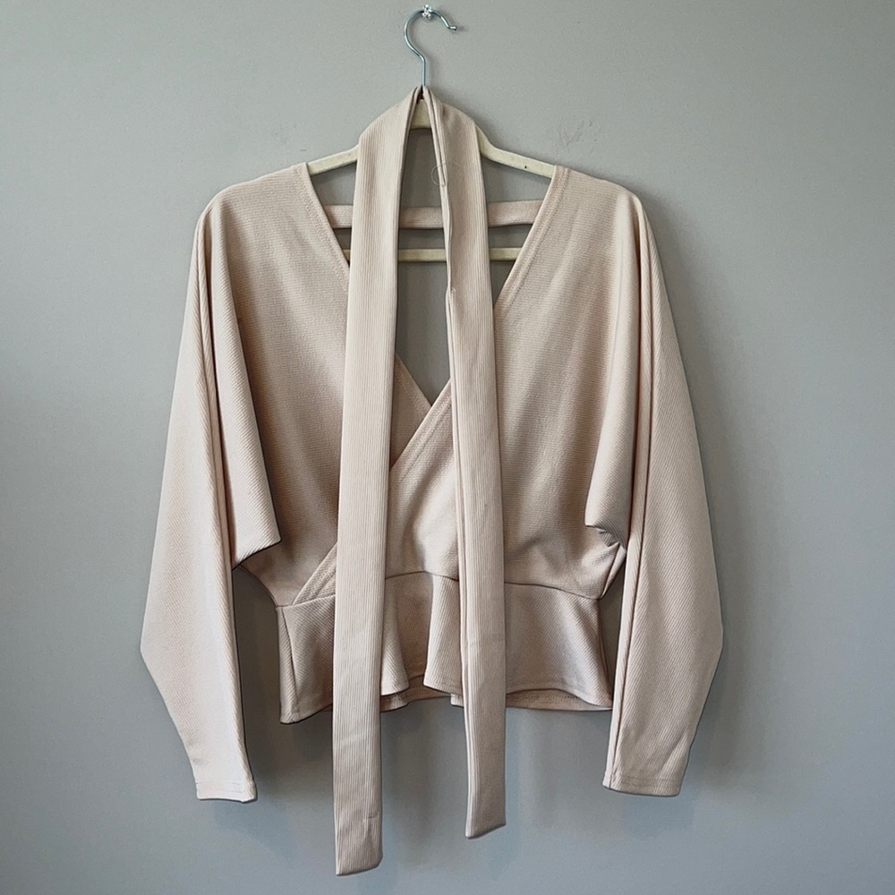 Long Sleeve V Neck Open Back Blouse Tan